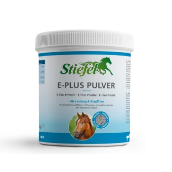 Behälter von Stiefel E-Plus, einem Pferdepräparat mit Vitamin E, Selen und Lysin, mit einem Pferdebild und Text auf Deutsch.