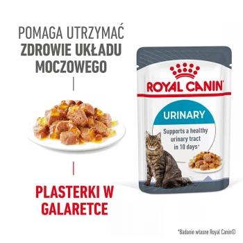 Torebka karmy dla kotów Royal Canin Urinary, z talerzem mokrej karmy z kawałkami w galaretce, promująca zdrowie układu moczowego w ciągu 10 dni.