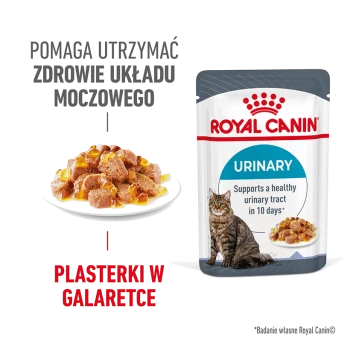 Torebka karmy dla kotów Royal Canin Urinary, z talerzem mokrej karmy z kawałkami w galaretce, promująca zdrowie układu moczowego w ciągu 10 dni.