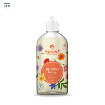 Flasche mit 'Speed' blumigem Shampoo, mit floralen Designs, gekennzeichnet mit 'CLEAN & GLOSS', auf einem weißen Hintergrund.