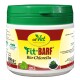 Behälter von cdVet Fit-BARF Bio-Chlorella, 250g, mit einem grünen Deckel und gelbem Etikett mit "100% NATUR" und Produktdetails.