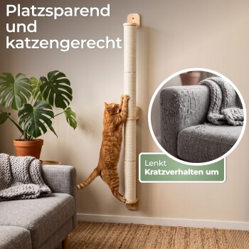 Orangene Katze auf einem vertikalen Kratzpfosten neben einem Sofa; Einsatzbild zeigt zerrissenes Sofa. Text: 'Platzsparend und katzengerecht'; 'Lenkt Kratzverhalten um'.