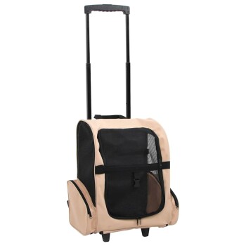 Haustiertrage Tasche auf Rädern, mit einem weichen beigen Äußeren, Netzpaneelen zur Belüftung und einem ausziehbaren Griff.
