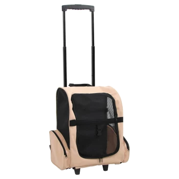 Haustiertrage Tasche auf Rädern, mit einem weichen beigen Äußeren, Netzpaneelen zur Belüftung und einem ausziehbaren Griff.
