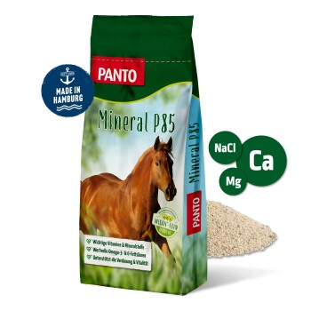 PANTO Pferdefutter Tasche mit einem braunen Pferd, mit Text, der Vitamine, Mineralien und Omega-3-Fettsäuren hervorhebt.