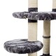 Grauer Plüsch-Katzenbaum mit zwei runden Plattformen und mit Sisal umwickelten Kratzpfosten.