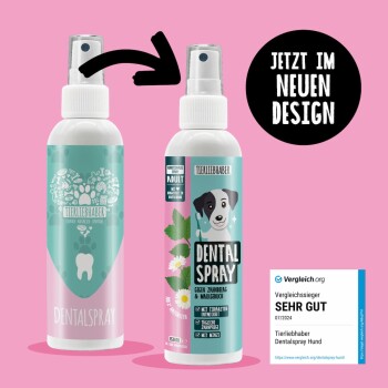 Eine Hand sprüht eine Flüssigkeit auf eine Schüssel mit Hundefutter, während ein neugieriger schwarz-weißer Hund die Mahlzeit schnüffelt. Der Hintergrund ist pink.