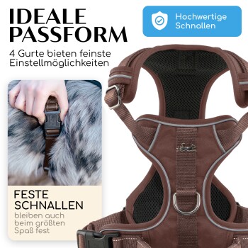 Brautes Hundegeschirr mit verstellbaren Riemen, mit einer Nahaufnahme einer Hand, die eine Schnalle schließt, und Text, der sichere Schnallen und ideale Passform hervorhebt.