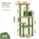 Mehrstöckiger Katzenbaum mit Abmessungen und Tragfähigkeitsdetails, in grün und beige, entworfen für das Spielen und Ausruhen von Katzen.
