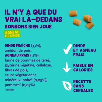 Bonbons pour animaux avec dinde et agneau, ingrédients listés, faible en calories, recette sans céréales, sur fond turquoise.