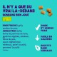 Bonbons pour animaux avec dinde et agneau, ingrédients listés, faible en calories, recette sans céréales, sur fond turquoise.