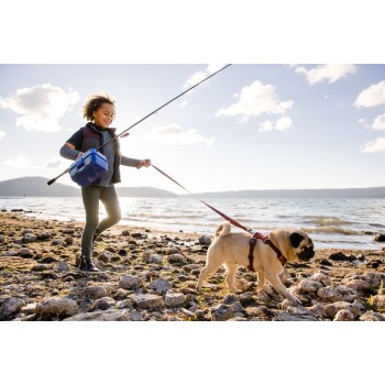 Eine Person führt einen Mops-Hund entlang einer felsigen Küste, hält eine Angelrute und eine blaue Kühlbox, mit einem malerischen See und Hügeln im Hintergrund.
