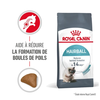 Sac de nourriture pour chat Royal Canin Hairball, avec un graphique de chat, prétendant réduire la formation de boules de poils en 14 jours, avec un morceau de croquette montré.