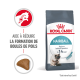 Sac de nourriture pour chat Royal Canin Hairball, avec un graphique de chat, prétendant réduire la formation de boules de poils en 14 jours, avec un morceau de croquette montré.