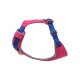 Rosa Hundegeschirr mit blauen Riemen und verstellbaren Schnallen, entworfen für Komfort und Sicherheit.