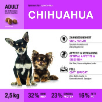 Hundefutterverpackung für ADULT CHIHUAHUA mit zwei Chihuahuas, violetter Header; 2,5 kg, 32 % Rind, 23 % Protein, 16 % Fett