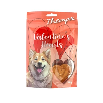 Verpackung der Thempa Valentine’s Hearts Hundeleckerlis mit einer Illustration eines glücklichen Hundes und sichtbaren herzförmigen Leckerlis.