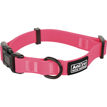 Rosa verstellbares Silikon-Hundehalsband mit schwarzer Kunststoffschnalle, D-Ring und Logo-Patch 'AniOne Wild variety'