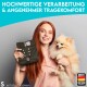 Eine Person hält ein dunkelgrünes Haustierzubehör und einen flauschigen, lächelnden Pomeranian, mit deutschem Text über Qualität und Komfort im Hintergrund.