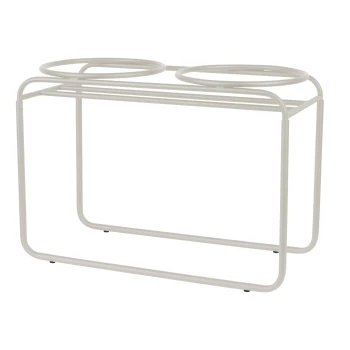 Weiße Metall-Futterstation für Haustiere mit zwei runden Schalen und minimalistischer Gestaltung.