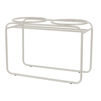Weiße Metall-Futterstation für Haustiere mit zwei runden Schalen und minimalistischer Gestaltung.