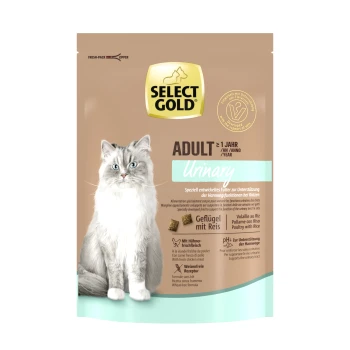 Goldene Katzenfutterverpackung für Erwachsene mit einer grauen Katze, die "Harnwege", "Geflügel mit Reis" und ernährungsphysiologische Vorteile hervorhebt.