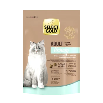 Emballage de nourriture pour chats dorée pour adultes avec un chat gris, mettant en avant "Urinaire", "Geflügel mit Reis" et les bienfaits nutritionnels.
