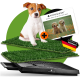 Ein Hund steht auf grünen Matten mit einem schwarzen Trainingsbrett darunter. Eine 'PFOTENwunder' Broschüre mit Welpenbildern ist in der Nähe.