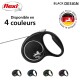 Laisse rétractable pour chien noire flexi avec un design circulaire, disponible en quatre couleurs, présentant le logo "Original flexi Quality."
