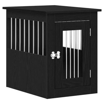Schwarze Holztierbox mit Metallstäben und vorderem Türverschluss, für den Innenbereich konzipiert.