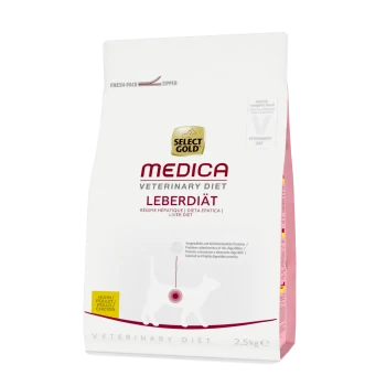 Select Gold Medica Veterinary Diet Liver Diet cat food bag, 2.5 kg, featuring a fresh-pack zipper and text in multiple languages.
