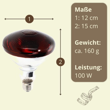 Rote Haustier‑Wärmelampe mit Maßpfeilen; sichtbarer Text: „Maße 1: 12 cm 2: 15 cm Gewicht: ca. 160 g Leistung: 100 W“
