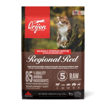 Sac de nourriture pour animaux Orijen Regional Red avec un design rouge et marron, mettant en avant "85% d'ingrédients animaux de qualité" et "nutrition biologiquement appropriée."