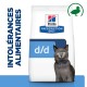 Sac de nourriture pour chats Hill's Prescription Diet d/d avec un chat gris portant un collier bleu, étiqueté 'Intolérances Alimentaires.'