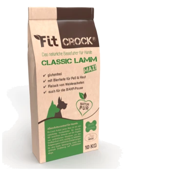 Braune Papiertüte mit FitCrock Classic Lamm-Hundefutter, beschriftet mit "glutenfrei", "mit Bierhefe für Fell & Haut" und "10 KG."