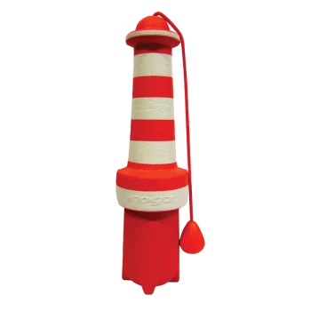 Red and white striped dog toy shaped like a lighthouse, featuring a rope and a small buoy at the base, branded "rogz."