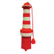 Rotes und weiß gestreiftes Hundespielzeug in Form eines Leuchtturms, mit einem Seil und einer kleinen Boje an der Basis, mit der Marke 'rogz'.
