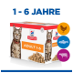 Hill's Science Plan Katzenfutterverpackung für Erwachsene im Alter von 1-6 Jahren, mit einer getigerten Katze, Trockenfutter und Symbolen für Huhn, Fisch und Rind.