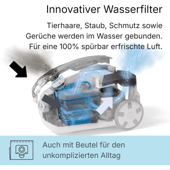 Eine Frau, die ein Kind hält, steht mit einem Staubsauger in einem hellen Raum, während ein Golden Retriever von der Seite zuschaut.