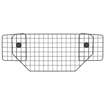Schwarzes Metall-Haustiergitter mit einem Gitterdesign und zwei verstellbaren Montageschienen auf jeder Seite.