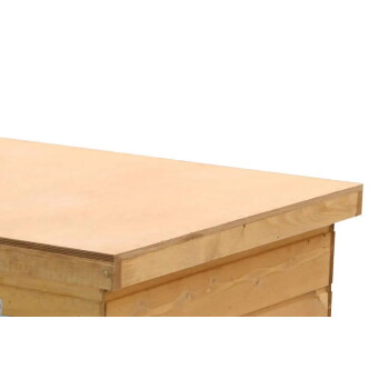 Nahaufnahme eines flachen Sperrholzdachs und der Kante eines hellen Holz-Tierhauses.