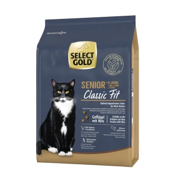 Senior 9+ 2.5 kg Select Gold Senior Classic Fit Katzenfutterbeutel für Katzen über 9, mit einer schwarz-weißen Katze, die optimale Ernährung mit Geflügel und Reis betont.