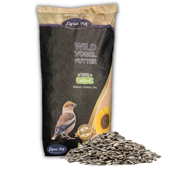 Sonnenblumenkerne gestreift 10 kg Eine Tüte Lyra Pet Wild Vogel Futter mit einer bunten Vogelillustration, "100% natürlich" und "10 Jahren Beste Qualität", plus Sonnenblumenkerne.