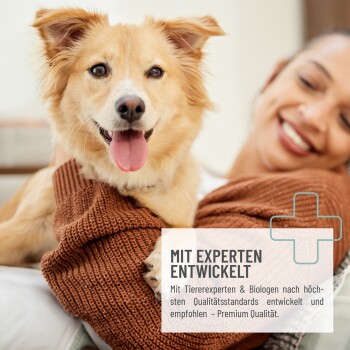 Eine Person in einem gemütlichen braunen Pullover kuschelt mit einem kleinen Hund. Der Text lautet "MIT EXPERTEN ENTWICKELT," was die Premiumqualität durch Tierexperten hervorhebt.