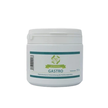 Weißer Behälter mit der Aufschrift 'GASTRO' für Hunde, 150g, mit Text auf Deutsch über die Unterstützung der Verdauung.