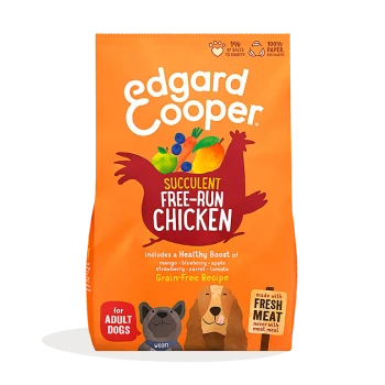 Edgard Cooper dog food bag with "Succulent Free-Run Chicken" and colorful fruit and vegetable illustrations, labeled grain-free for adults.