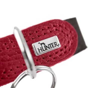 Nahaufnahme eines roten Hundehalsbands mit einer silbernen 'HUNTER'-Logo-Platte und einem Metall-D-Ring zur Leinenbefestigung.