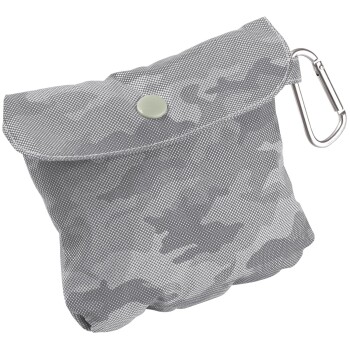 Grauer Camouflage-Haustierkotbeutelspender mit Druckverschluss und einem Metallkarabiner für einfache Befestigung.