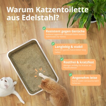 Edelstahl-Katzenstreuschale auf Holzboden mit zwei Katzen. Der Text listet Vorteile auf: geruchsresistent, langlebig, rostfrei, leise.