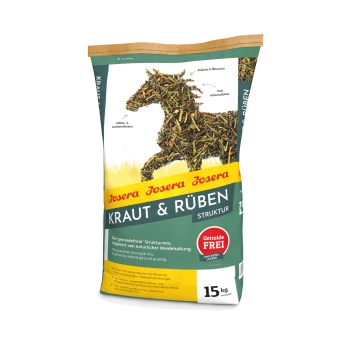 15 kg Sack Josera Kraut & Rüben Pferdefutter mit einer Silhouette eines Pferdes aus Kräutern und Getreide. Hebt "Getreidefrei" und ernährungsphysiologische Vorteile hervor.
